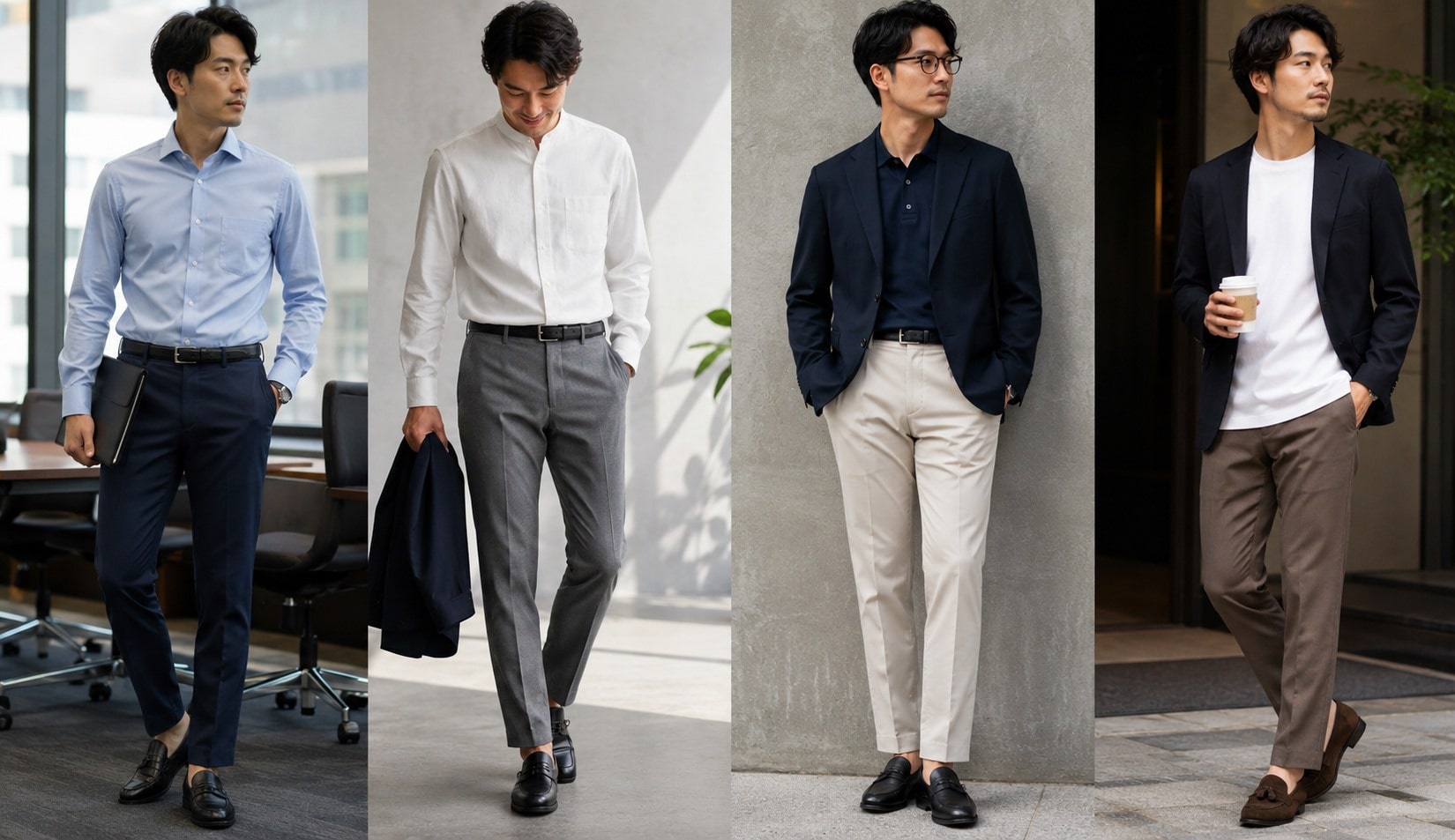 色やシルエットが異なる4種類のオフィスカジュアルパンツ