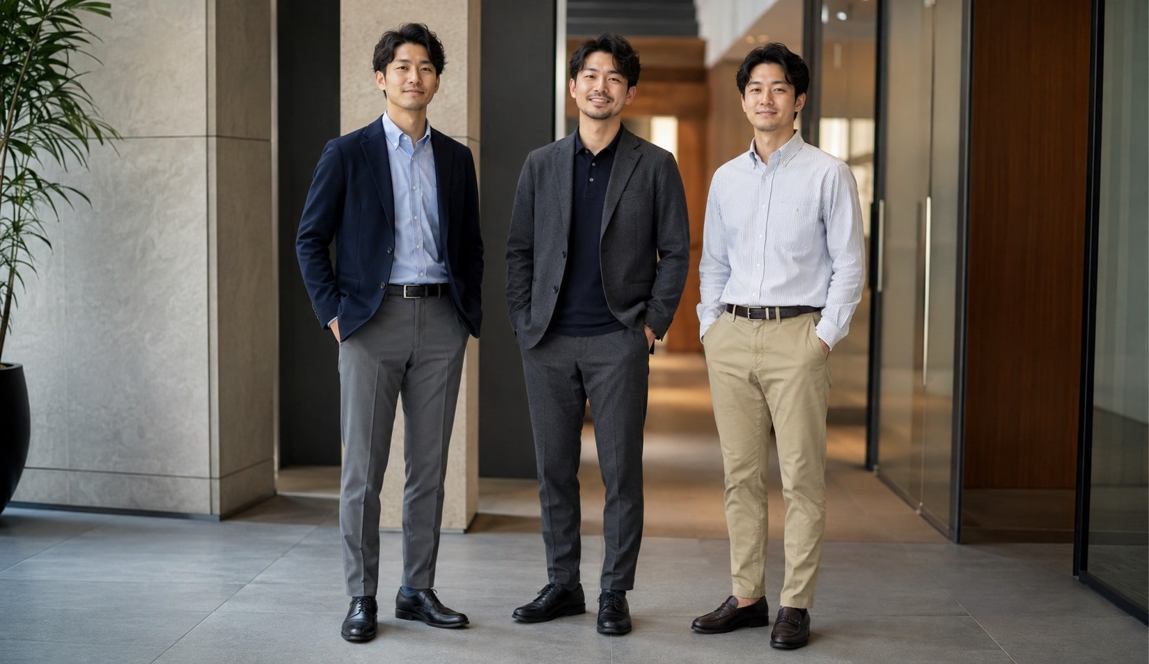 スラックス、セットアップ、チノパンツの3種類のコーデ
