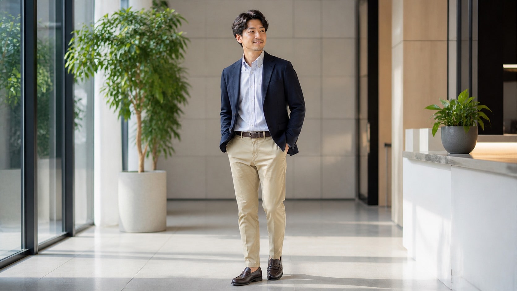 ベージュのチノパンツを使った軽やかなオフィスカジュアルコーデ