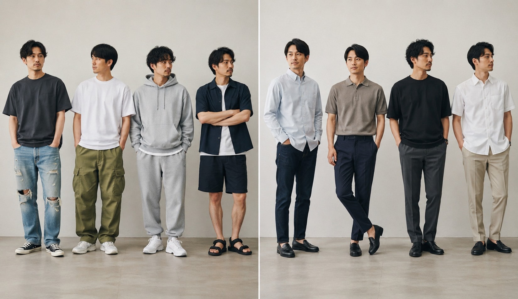 オフィスカジュアルで避けたいパンツと適したパンツの比較