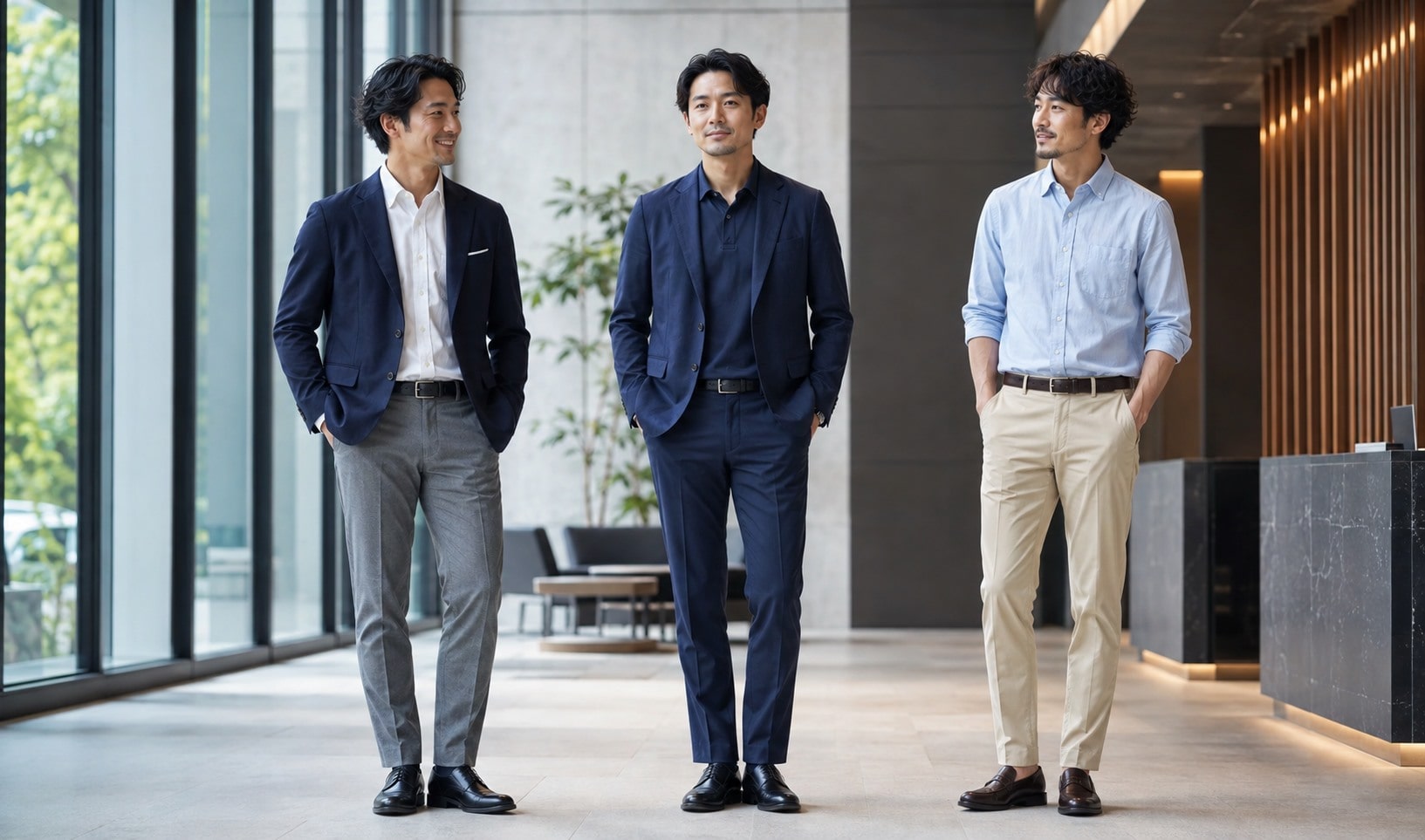 オフィスカジュアルに合う3種類のメンズパンツスタイル