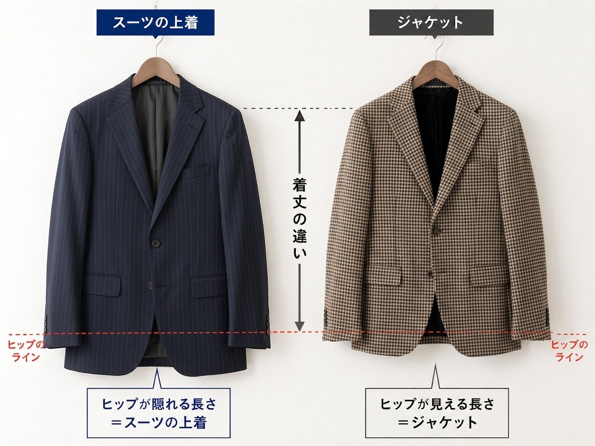 スーツの上着とジャケットの着丈の違い