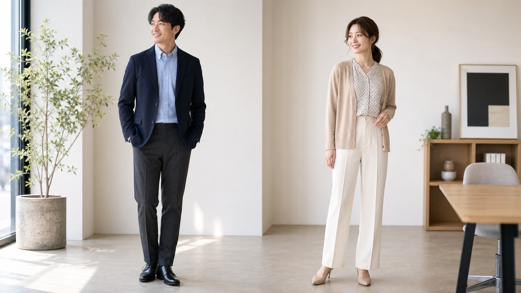 ストライプシャツと柄ブラウスを無地アイテムに合わせた服装例