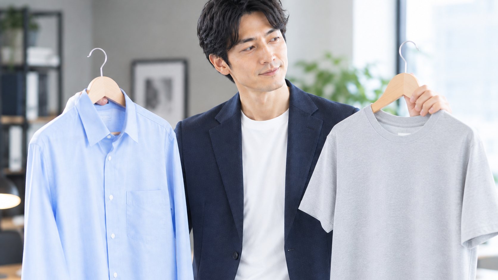 ジャケットに合わせるワイシャツとTシャツを比較する男性