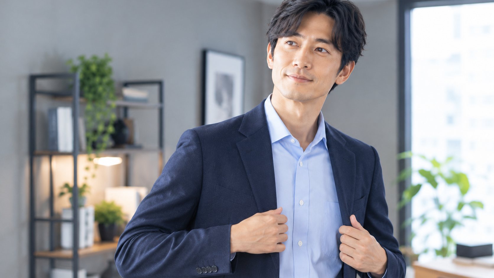 ネイビージャケットの下にサックスブルーのワイシャツを着た男性