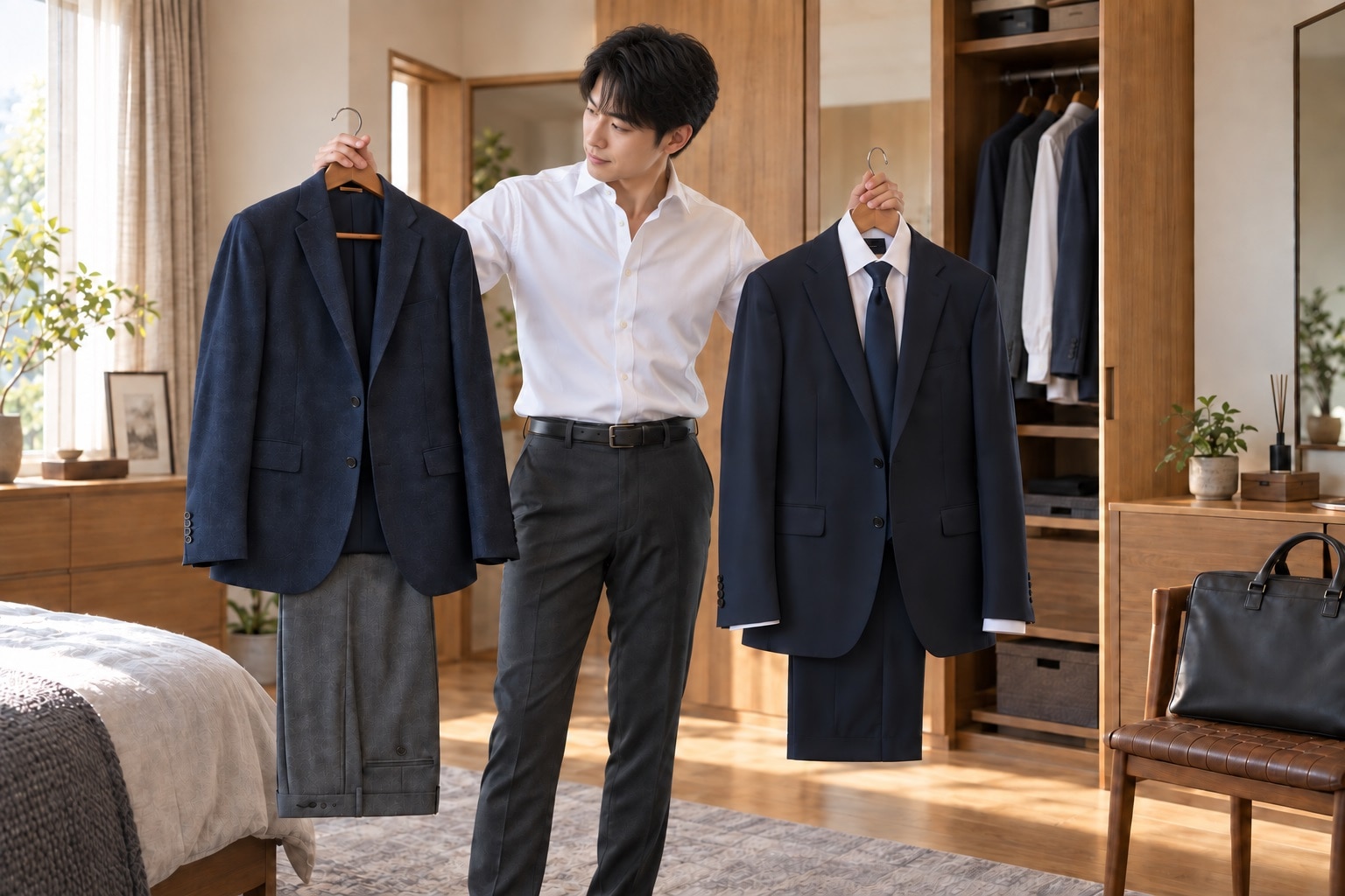 単品ジャケットとスーツの上着を見比べる男性