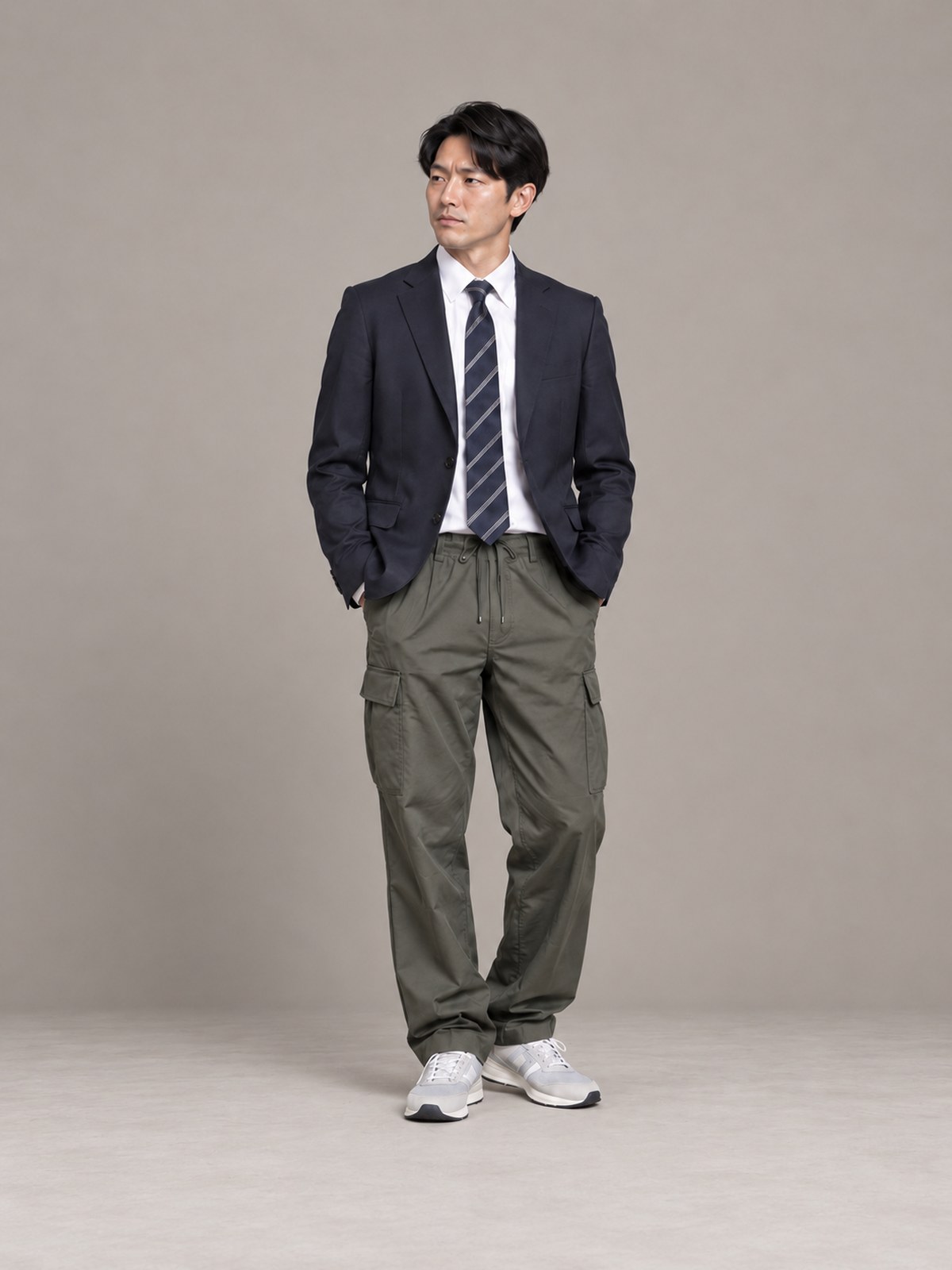 ジャケットとパンツのフォーマル度が揃っていないNG例