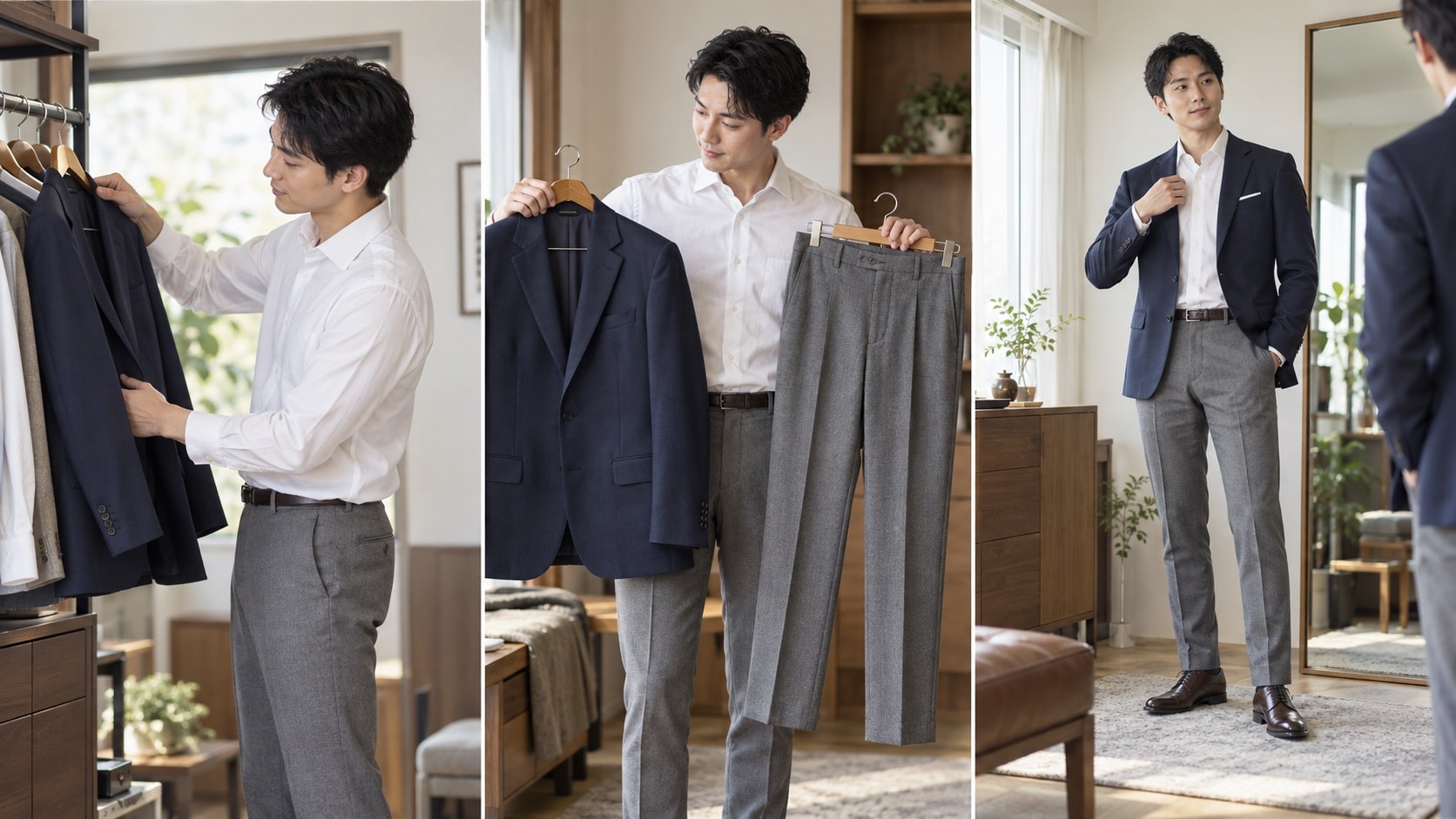 ジャケットとパンツを選び全身を確認するジャケパンの組み立て方