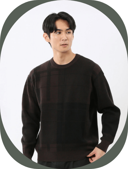 ウォッシャブル ストレッチ チェック柄 クルーニット