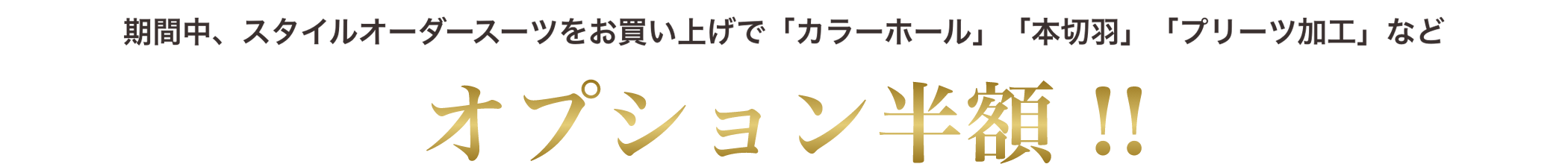 期間中、スタイルオーダースーツをお買い上げで「カラーホール」「本切羽」「プリーツ加工」などオプション半額！！